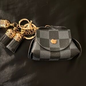 Checkered Mini Bag Keychain with Gold Accents